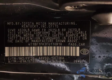2015 Toyota Camry Se from USA, damaged, VIN 4T1BF1FK3FU110818